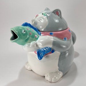 Vintage Fitz & Floyd Cat Holding Fish Teapot Pitcher Multicolor Ceramic 80s